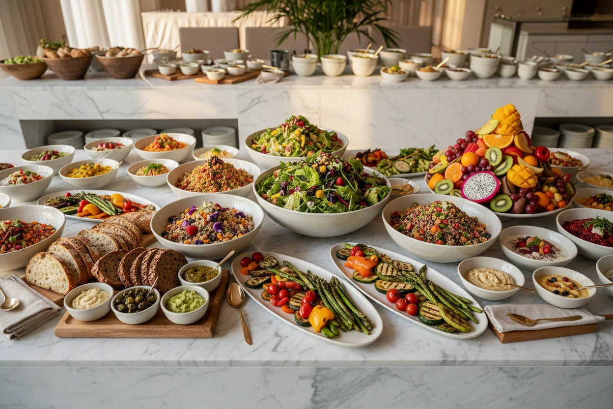 Buffet table with a variety of food including salads, vegetables, and bread.